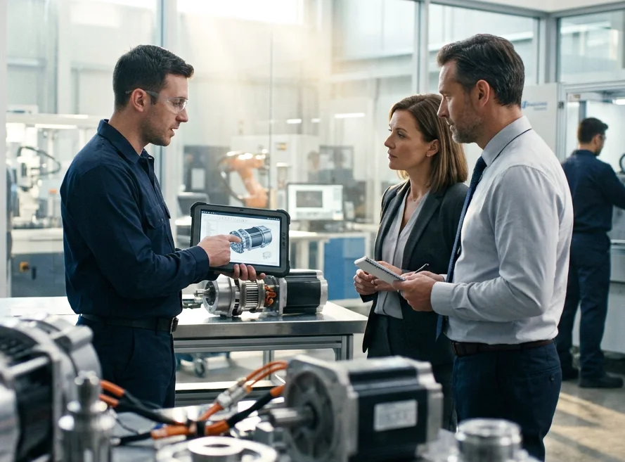 Mavilor engineers reviewing a servomotor design in the development lab