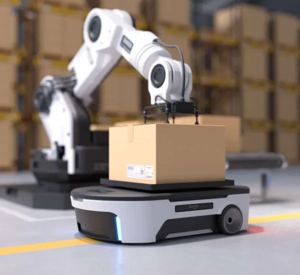 Autonomous mobile robot carrying a box in a warehouse
