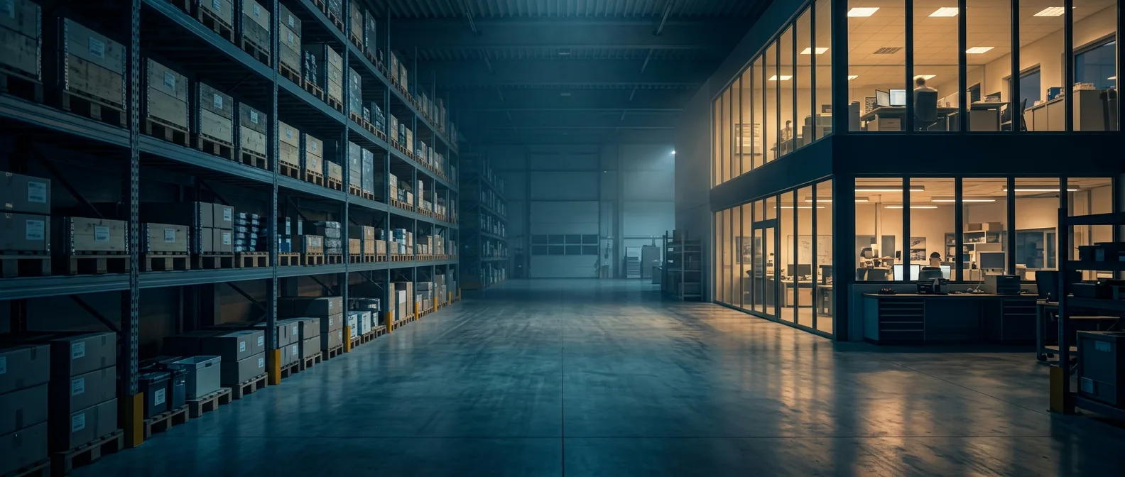Warehouse aisle and lit engineering offices at dusk