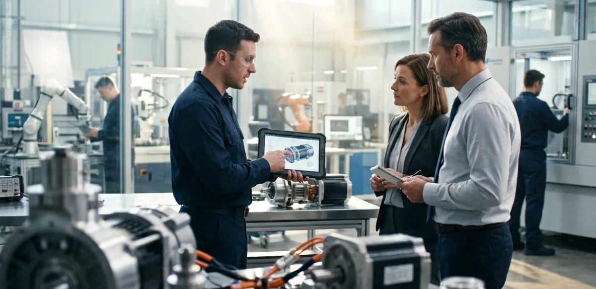 Mavilor engineers reviewing a servomotor design on a test bench