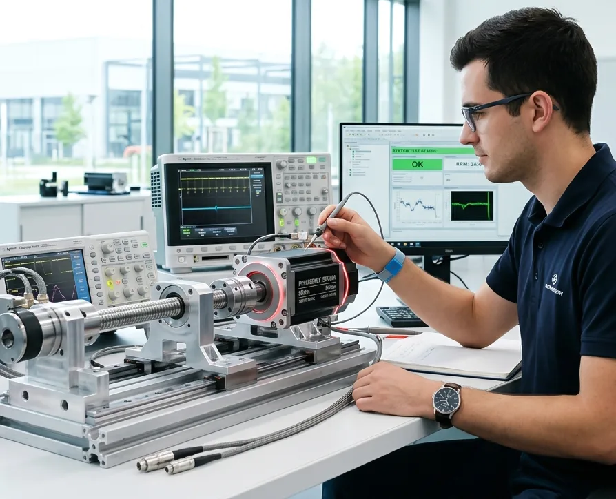 Mavilor engineer measuring a servomotor on a test bench