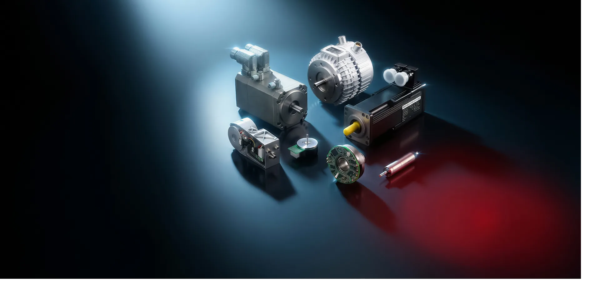 Mavilor AC and DC servomotors, feedback devices and linear motor on a dark studio floor