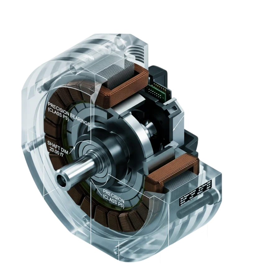 Cut-away view of a Mavilor servomotor with its encoder, control PCB, stator coil and magnet rotor