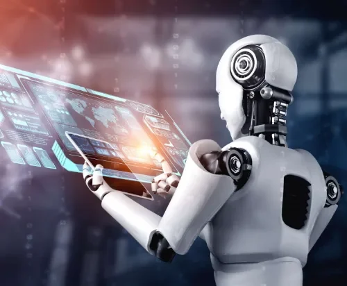 Humanoid robot working on a holographic interface