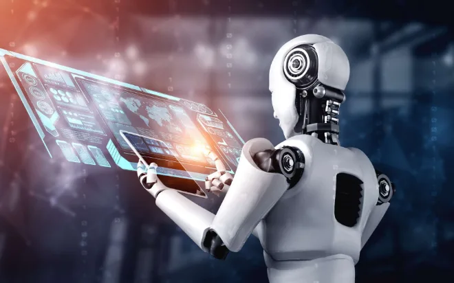 Humanoid robot working on a holographic interface