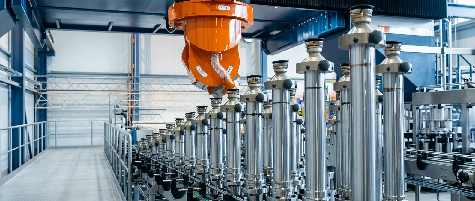 Bottling and packaging line with an orange robot head over the filling columns